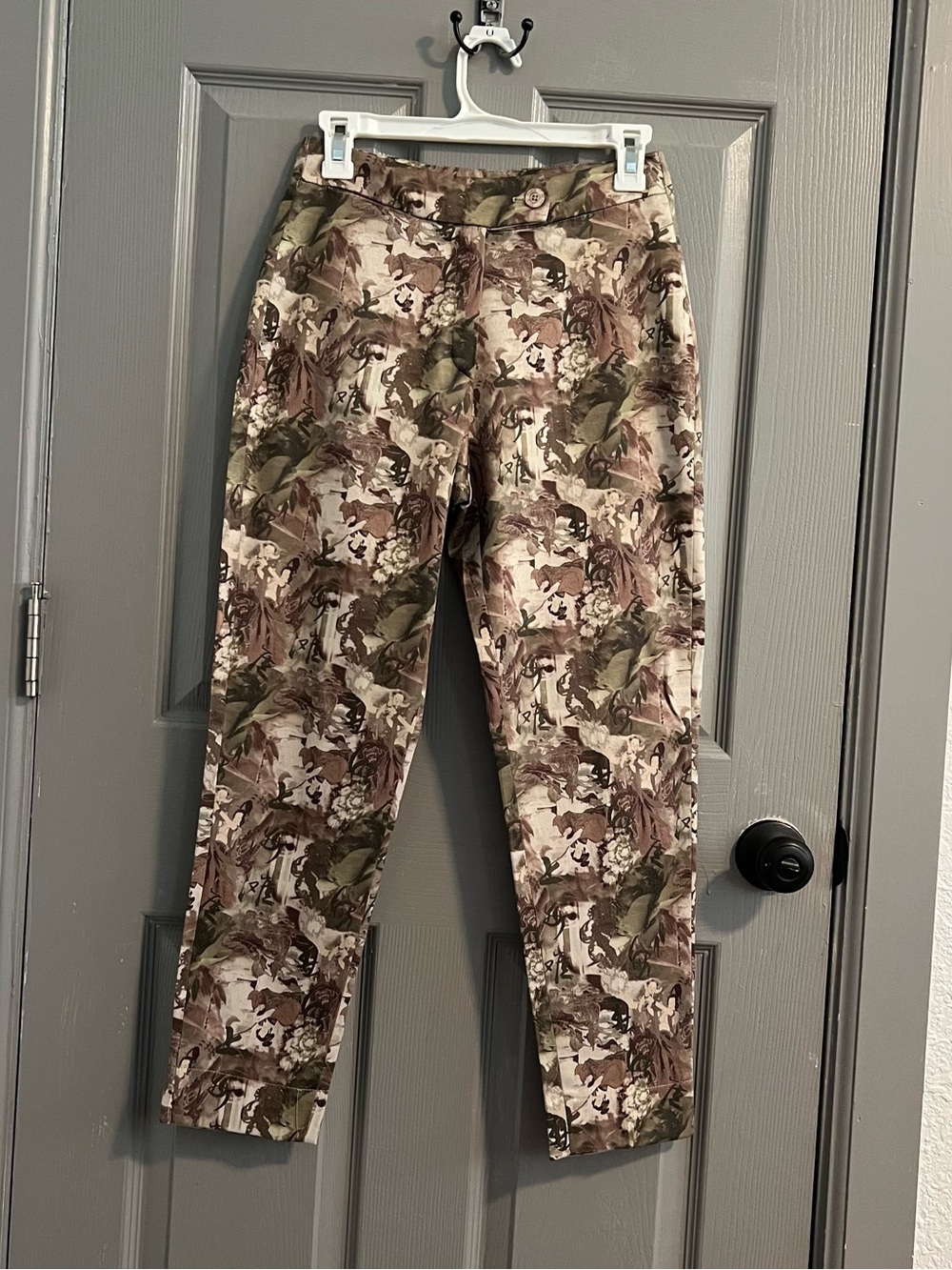 Signe Paris Straight Leg Asian Inspired Print Pants Green Brown Chinoiserie